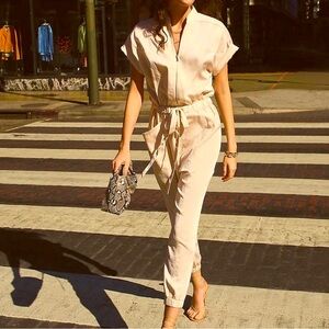 EXPRESS Beige Satin Utility Jumpsuit Overalls Size L